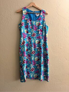 Adrianna Papell Turquoise and Pink Floral Midi Silk Dress